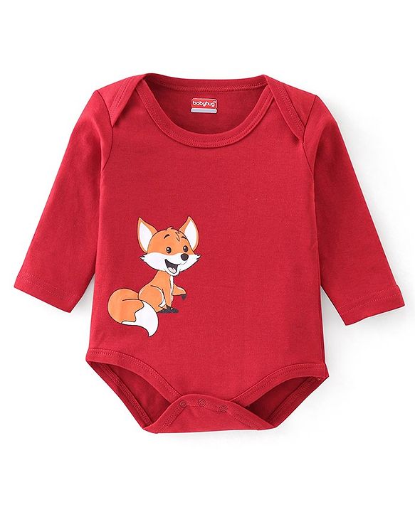 Babyhug 100% Cotton Interlock Knit Full Sleeves Onesies With Leggings Cap & Mittens Booties Stripes & Fox Print - Red