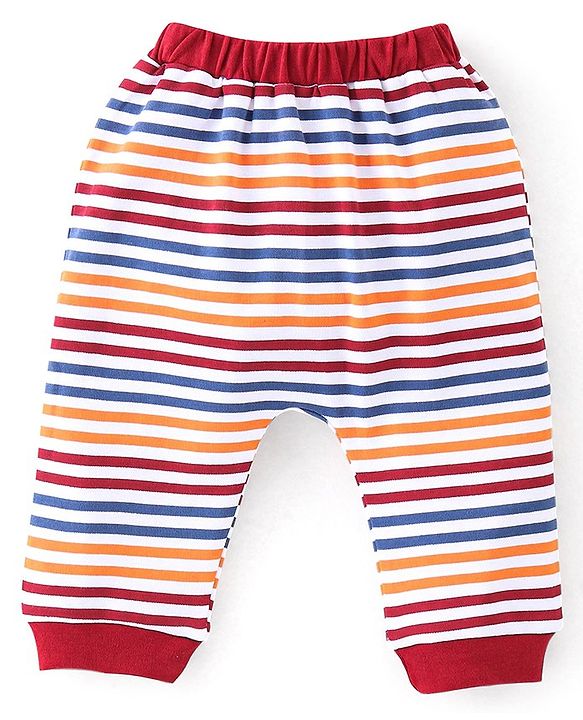 Babyhug 100% Cotton Interlock Knit Full Sleeves Onesies With Leggings Cap & Mittens Booties Stripes & Fox Print - Red