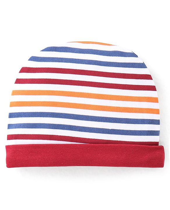 Babyhug 100% Cotton Interlock Knit Full Sleeves Onesies With Leggings Cap & Mittens Booties Stripes & Fox Print - Red