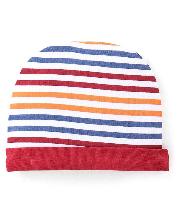 Babyhug 100% Cotton Interlock Knit Full Sleeves Onesies With Leggings Cap & Mittens Booties Stripes & Fox Print - Red