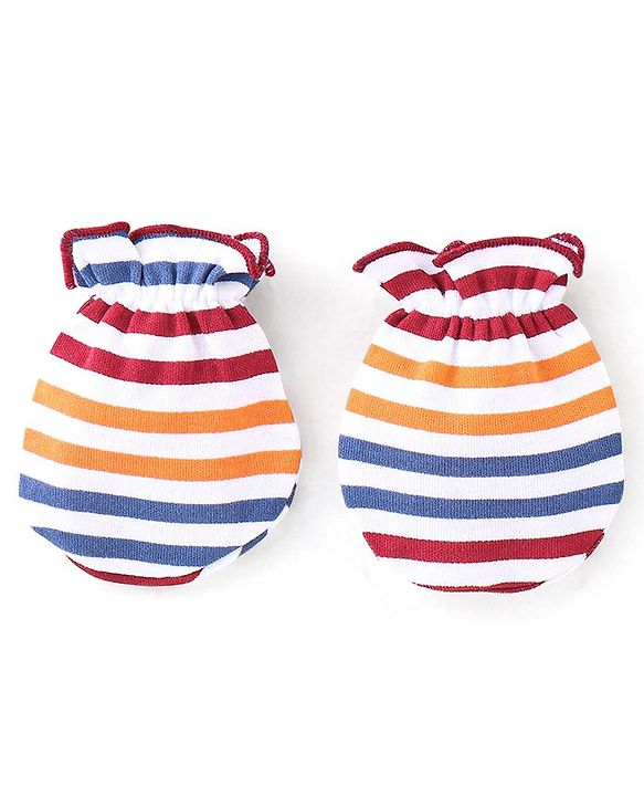 Babyhug 100% Cotton Interlock Knit Full Sleeves Onesies With Leggings Cap & Mittens Booties Stripes & Fox Print - Red