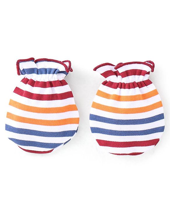 Babyhug 100% Cotton Interlock Knit Full Sleeves Onesies With Leggings Cap & Mittens Booties Stripes & Fox Print - Red