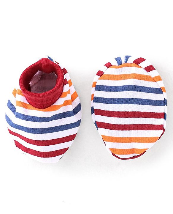 Babyhug 100% Cotton Interlock Knit Full Sleeves Onesies With Leggings Cap & Mittens Booties Stripes & Fox Print - Red