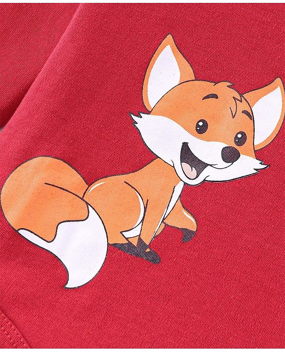 Babyhug 100% Cotton Interlock Knit Full Sleeves Onesies With Leggings Cap & Mittens Booties Stripes & Fox Print - Red