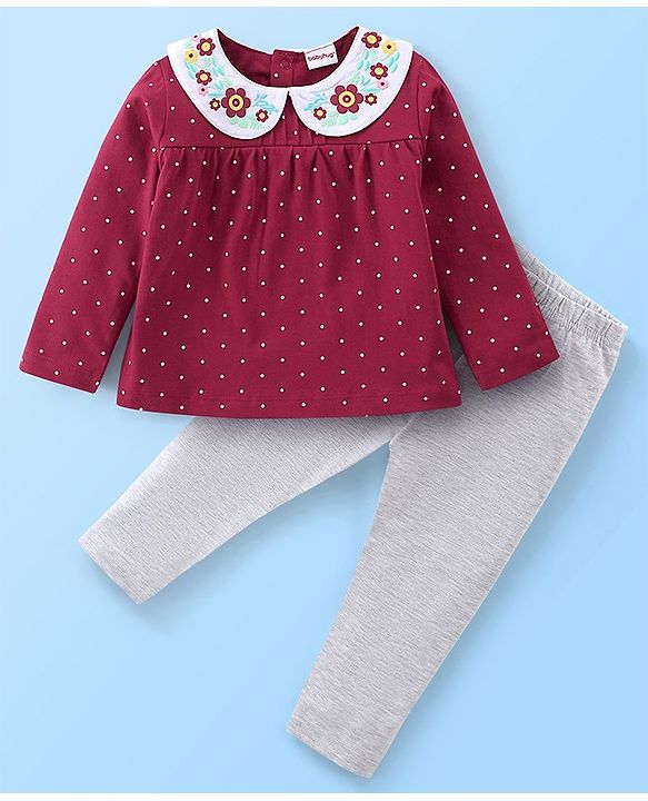 Babyhug Full Sleeves Knit Top With Flower Applique and Legging Set - Maroon & White