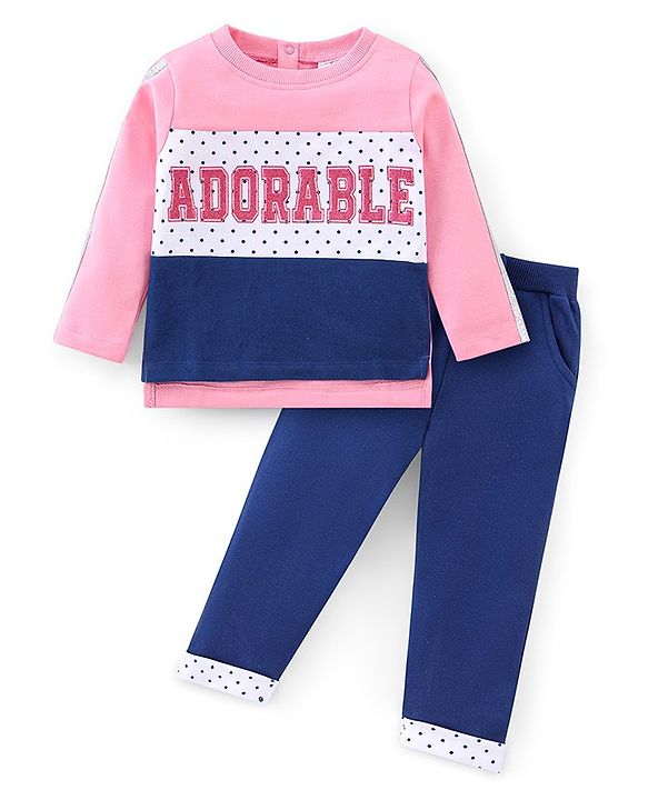 Babyhug 100% Cotton Full Sleeves Text Printed Top and Lounge Pant - Pink & Blue