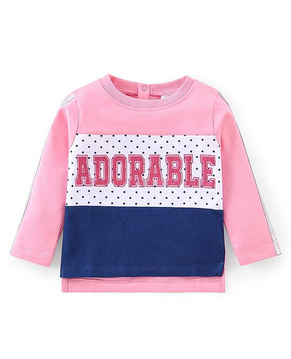 Babyhug 100% Cotton Full Sleeves Text Printed Top and Lounge Pant - Pink & Blue