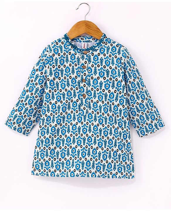 Babyhug 100% Cotton Full Sleeves All Over Floral Printed Dhoti Kurta Set- Blue