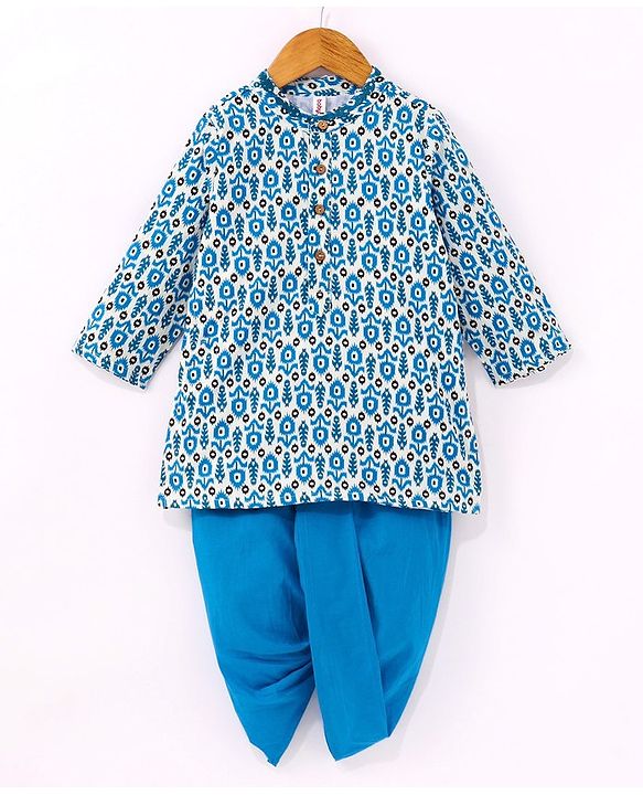 Babyhug 100% Cotton Full Sleeves All Over Floral Printed Dhoti Kurta Set- Blue