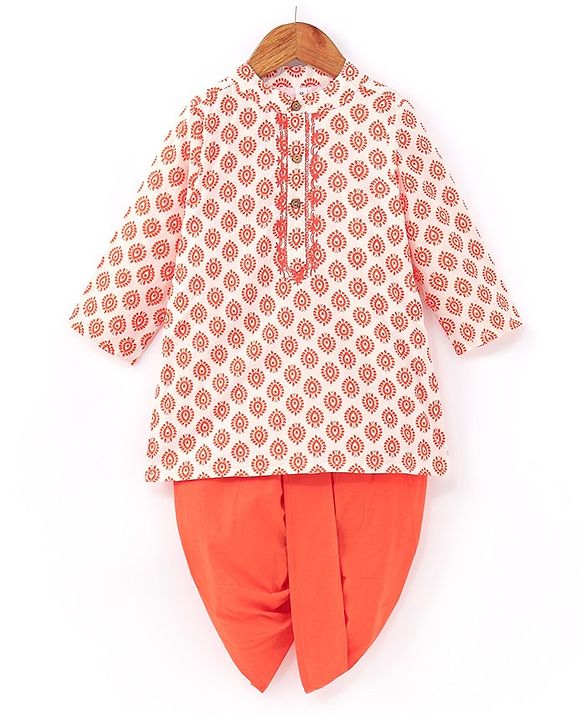 Babyhug Cotton Woven Full Sleeves Kurta & Dhoti Set Ajrakh Print - Orange