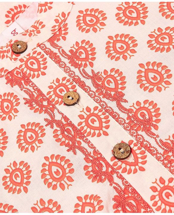 Babyhug Cotton Woven Full Sleeves Kurta & Dhoti Set Ajrakh Print - Orange