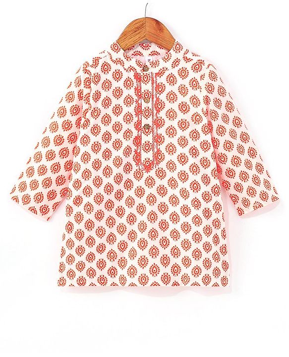 Babyhug Cotton Woven Full Sleeves Kurta & Dhoti Set Ajrakh Print - Orange