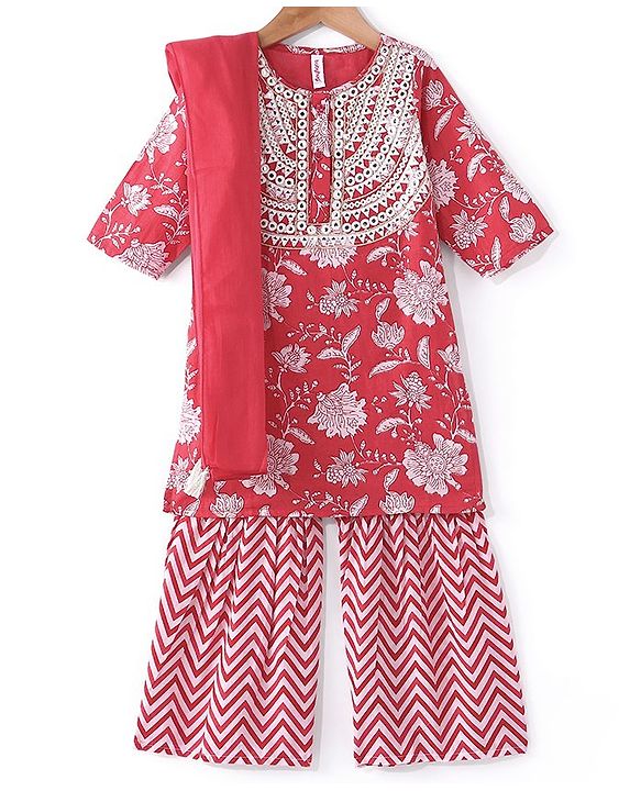 Babyhug 100% Cotton Three Fourth Sleeve Floral Printed Kurti with Gharara and Dupatta - Coral