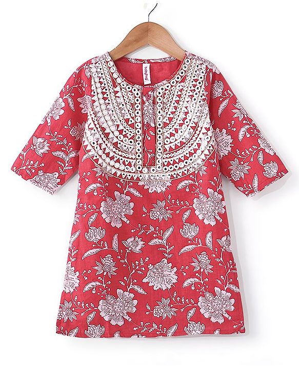 Babyhug 100% Cotton Three Fourth Sleeve Floral Printed Kurti with Gharara and Dupatta - Coral