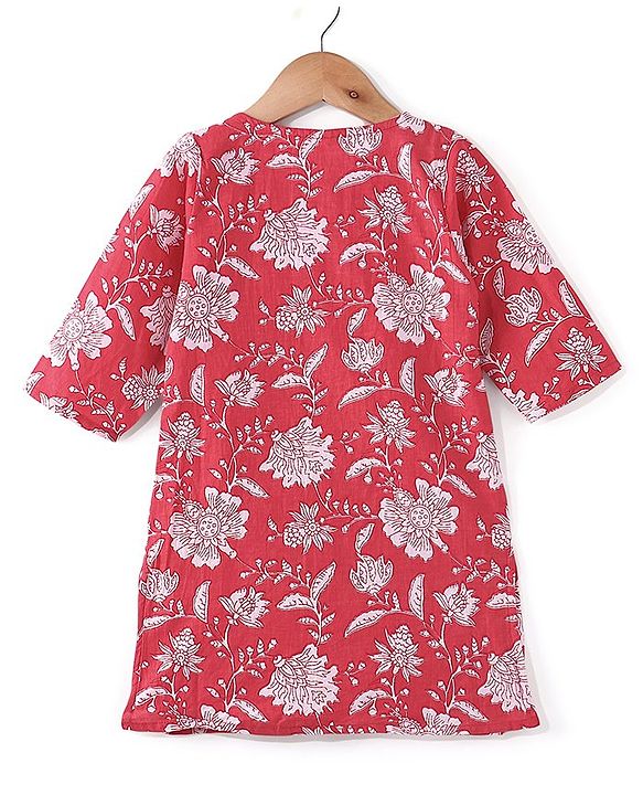 Babyhug 100% Cotton Three Fourth Sleeve Floral Printed Kurti with Gharara and Dupatta - Coral