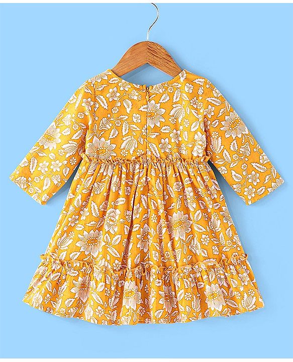 Babyhug 100% Cotton Woven Three Fourth Sleeves Floral Printed Ethnic Dress - Yellow