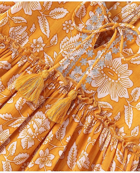 Babyhug 100% Cotton Woven Three Fourth Sleeves Floral Printed Ethnic Dress - Yellow