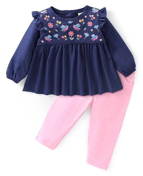 Babyhug 100% Cotton Full Sleeves Top & Lounge Pant Set Floral Embroidery - Navy & Pink