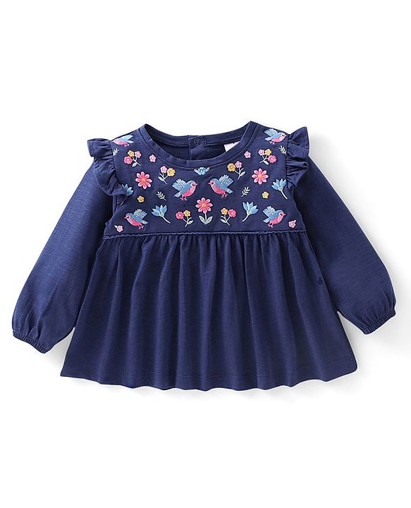 Babyhug 100% Cotton Full Sleeves Top & Lounge Pant Set Floral Embroidery - Navy & Pink