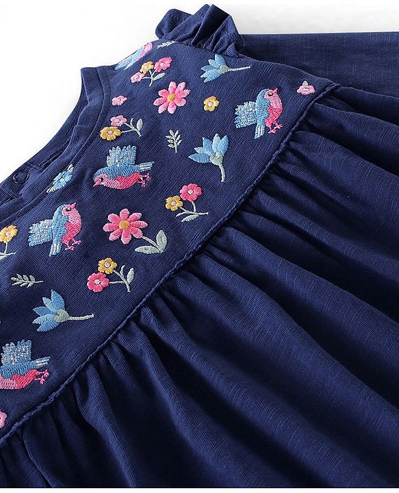 Babyhug 100% Cotton Full Sleeves Top & Lounge Pant Set Floral Embroidery - Navy & Pink