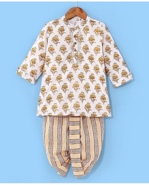 Babyhug Cotton Woven Full Sleeves Floral Printed Kurta & Dhoti Set - Off White
