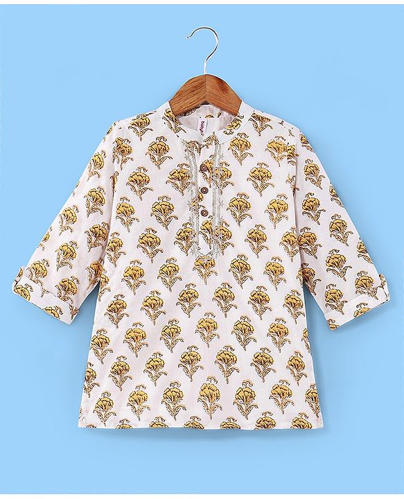 Babyhug Cotton Woven Full Sleeves Floral Printed Kurta & Dhoti Set - Off White
