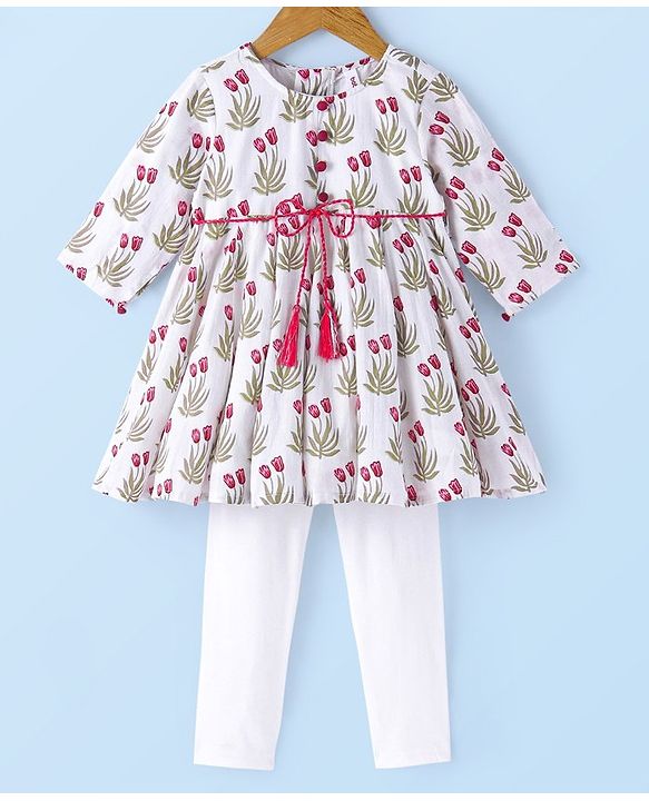 Babyhug  Cotton Three Fourth Sleeve Floral Printed Kurta with Leggings  - Off White