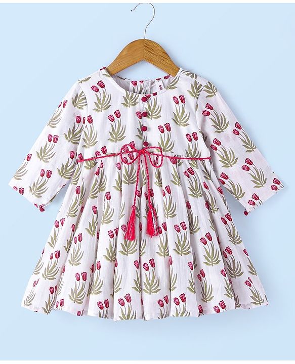 Babyhug  Cotton Three Fourth Sleeve Floral Printed Kurta with Leggings  - Off White