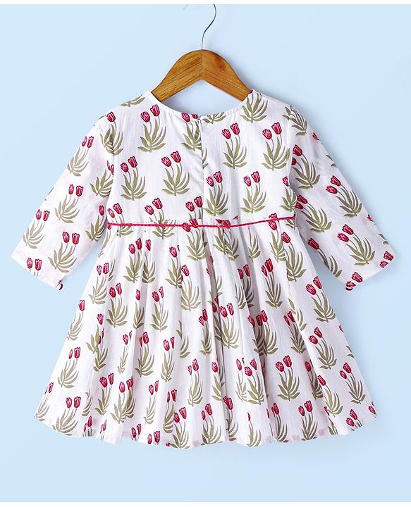 Babyhug  Cotton Three Fourth Sleeve Floral Printed Kurta with Leggings  - Off White