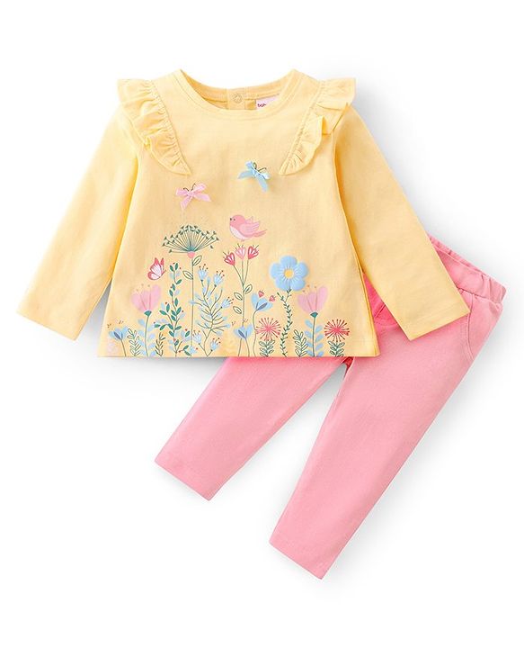 Babyhug Cotton Full Sleeves Top & Leggings Set Floral Print- Yellow & Pink