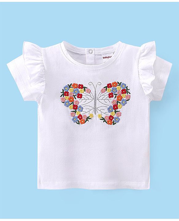 Babyhug Cotton Half Sleeves Top & Shorts Set Floral Embroidery- White & Red