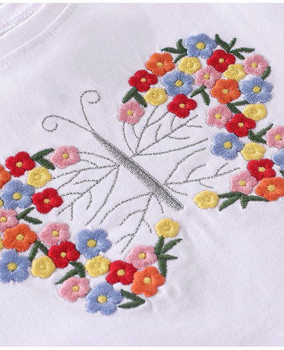 Babyhug Cotton Half Sleeves Top & Shorts Set Floral Embroidery- White & Red