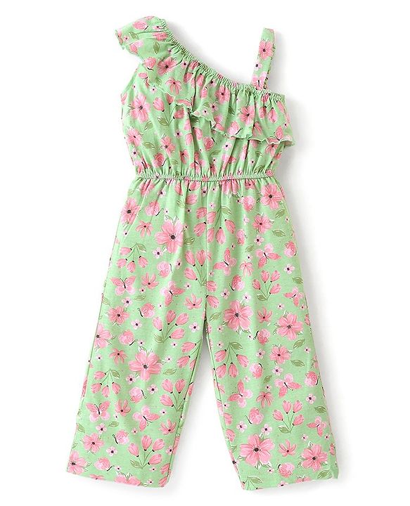 Babyhug 100% Cotton Knit Yarn Dyed Sleeveless Jumpsuit with Floral Print - Green