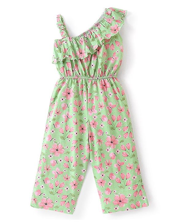 Babyhug 100% Cotton Knit Yarn Dyed Sleeveless Jumpsuit with Floral Print - Green