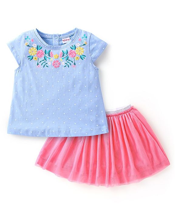 Babyhug Cotton Half Sleeves Top & Skirt Set Floral Print- Blue & Pink