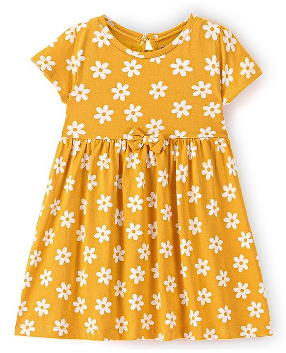 Babyhug 100% Cotton Knit Short Sleeves Dress with Bow Flowers Print - Yellow
