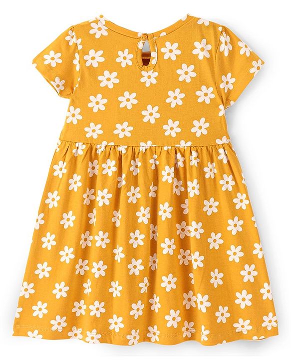 Babyhug 100% Cotton Knit Short Sleeves Dress with Bow Flowers Print - Yellow