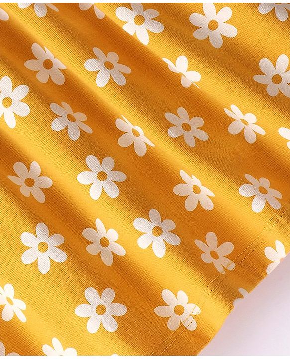 Babyhug 100% Cotton Knit Short Sleeves Dress with Bow Flowers Print - Yellow