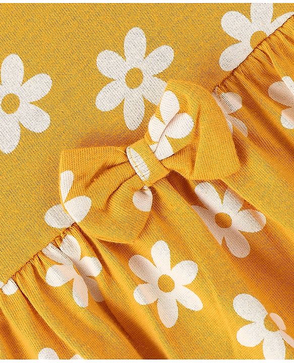 Babyhug 100% Cotton Knit Short Sleeves Dress with Bow Flowers Print - Yellow