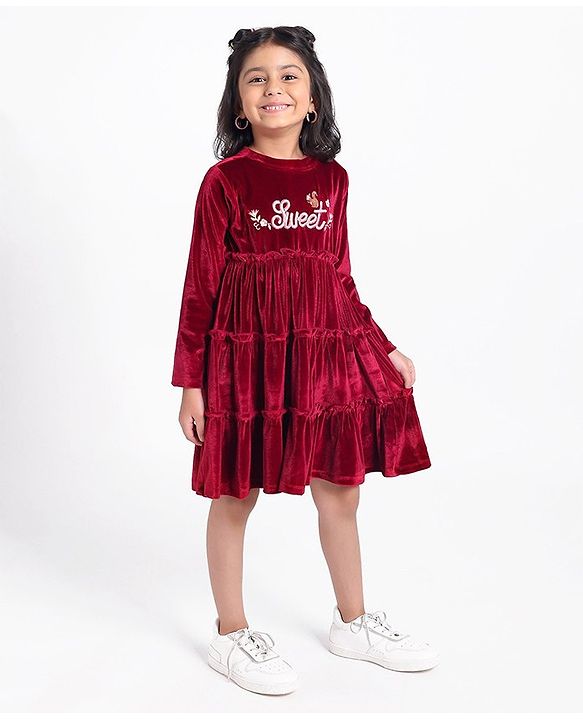 Babyhug Vellore Full Sleeves Text Embroidered Dress - Red