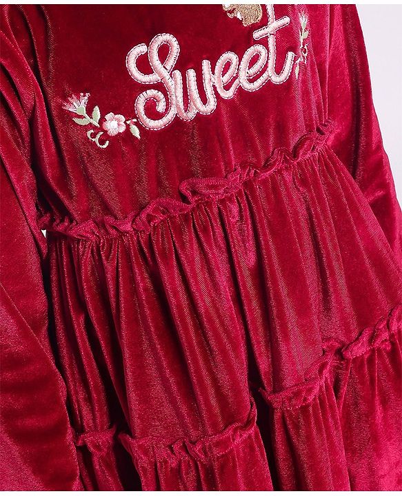 Babyhug Vellore Full Sleeves Text Embroidered Dress - Red