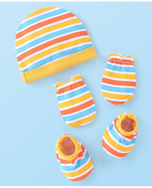 Babyhug 100% Cotton Cap Mittens And Booties Striped - Yellow