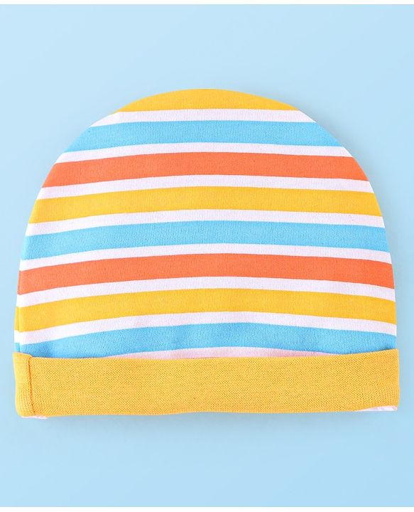 Babyhug 100% Cotton Cap Mittens And Booties Striped - Yellow