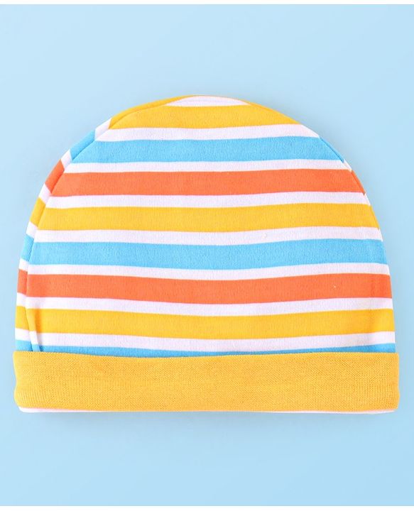 Babyhug 100% Cotton Cap Mittens And Booties Striped - Yellow