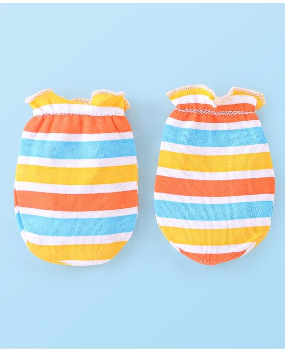 Babyhug 100% Cotton Cap Mittens And Booties Striped - Yellow