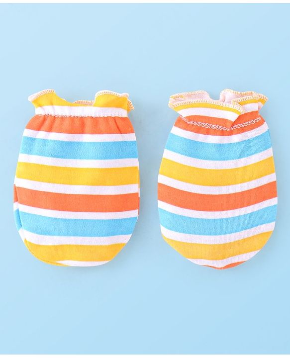 Babyhug 100% Cotton Cap Mittens And Booties Striped - Yellow