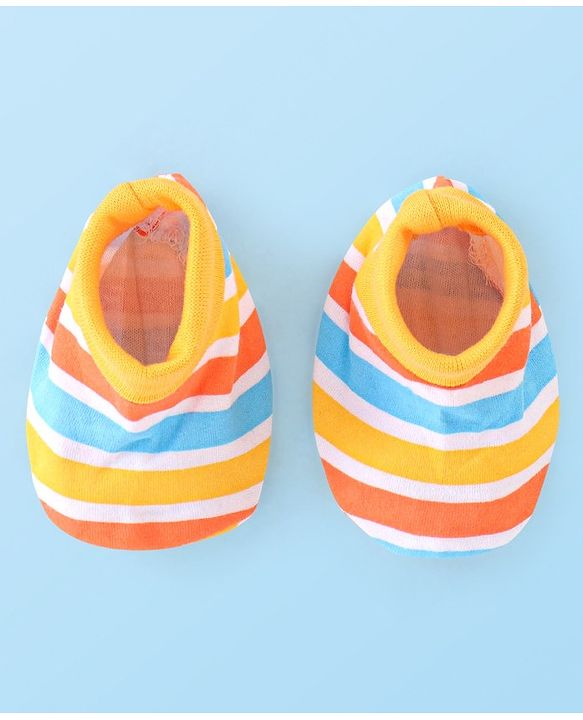 Babyhug 100% Cotton Cap Mittens And Booties Striped - Yellow