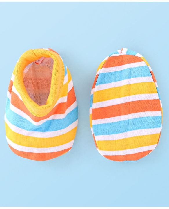 Babyhug 100% Cotton Cap Mittens And Booties Striped - Yellow