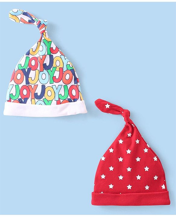 Babyhug 100% Cotton Knit Cap with Knot & Polka Dot Design Pack of 2 - Red