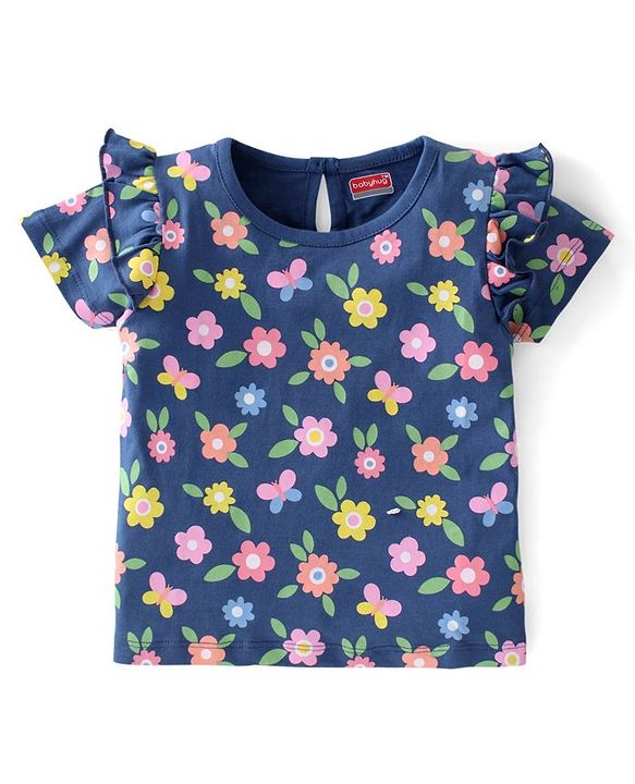 Babyhug Cotton Knit Half Sleeves Floral Print Tops Pack of 3 - Pink Blue & White